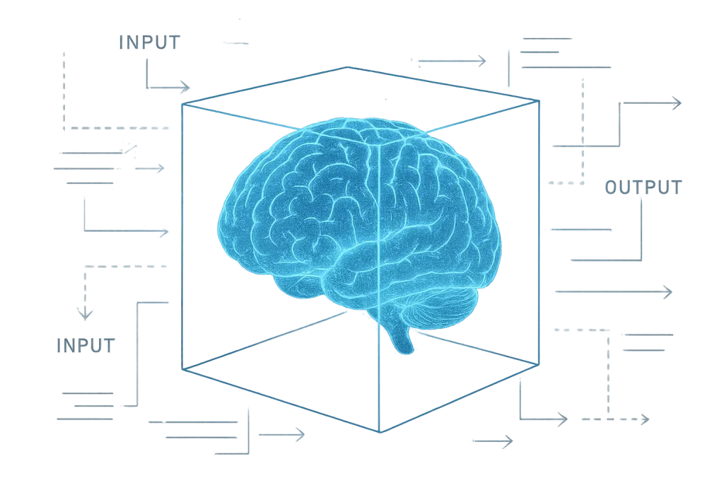 Digital brain inside a transparent cube showing input/output flow — representing the sandboxed nature of GPT models