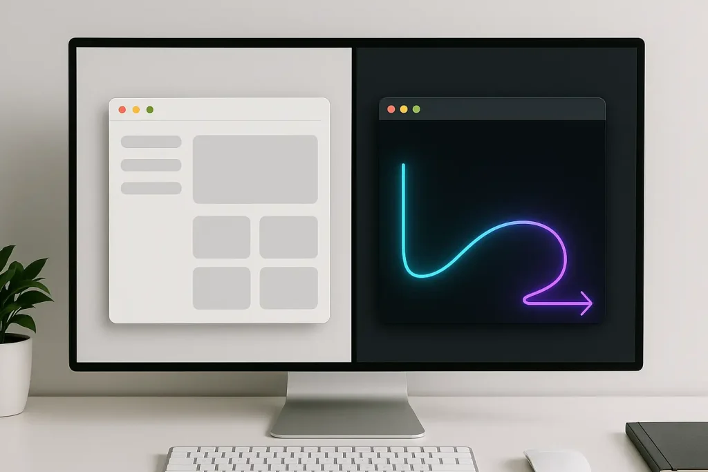 Side-by-side desktop windows showing a static app interface next to a glowing, dynamic terminal — symbolizing the contrast between apps and AI systems