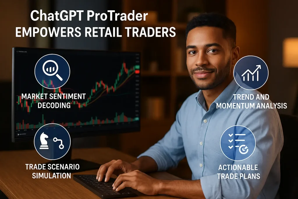 Retail trader using ChatGPT ProTrader with icons for market sentiment decoding, trend analysis, trade simulation, and actionable trade plans