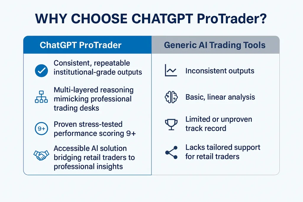 Comparison infographic showing benefits of ChatGPT ProTrader over generic AI trading tools