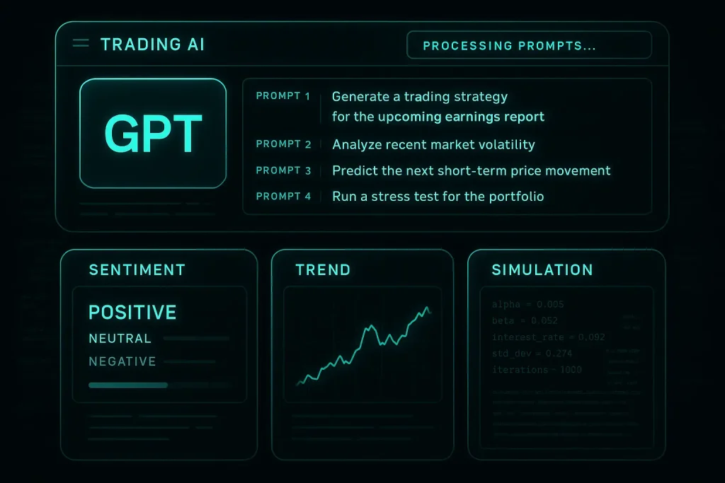 Terminal-style interface showing structured ChatGPT Pro Frameworks prompts feeding into sentiment, trend, and simulation modules