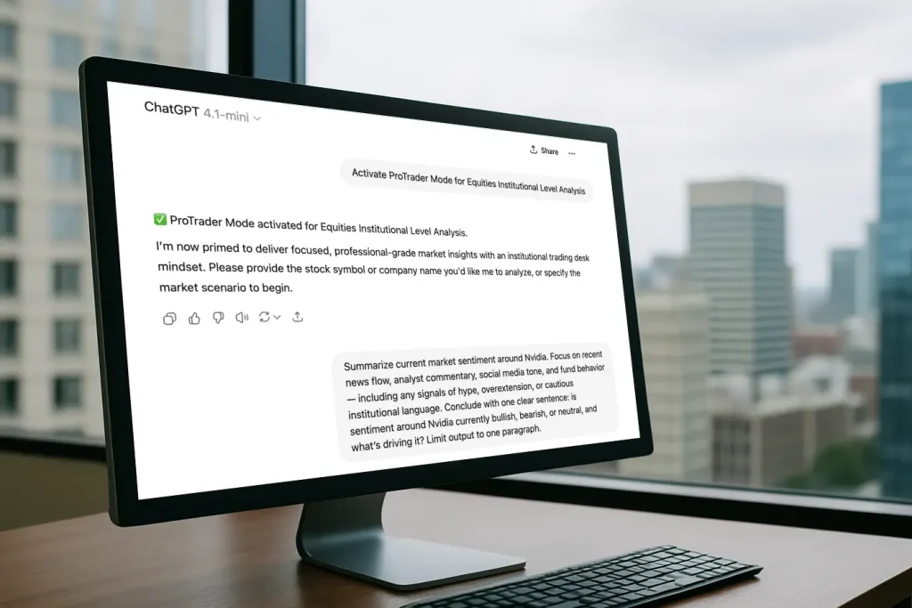 Screenshot showing ChatGPT interface with ProTrader Mode activated and a detailed Nvidia market sentiment prompt, illustrating AI-driven institutional trading analysis
