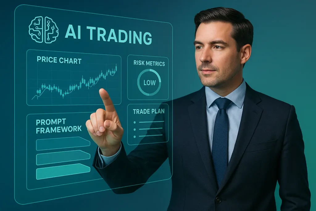 Confident professional trader interacting with a futuristic AI trading interface displaying price charts, risk metrics, and prompt framework visuals, representing the use of AI trading prompt frameworks for smarter decision-making