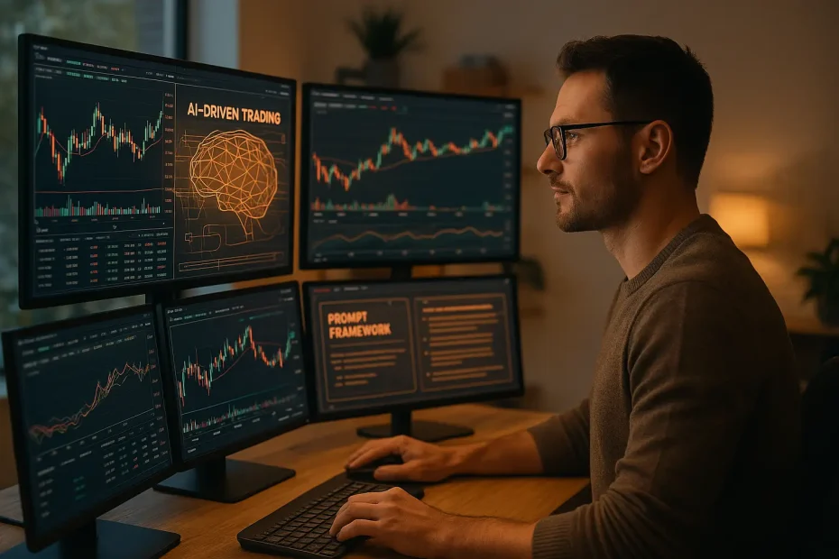 Focused retail trader working in a modern home office with multiple screens displaying AI-driven trading data, charts, and prompt framework overlays, symbolizing empowerment through advanced AI tools
