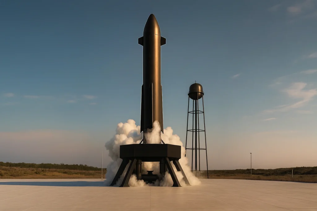 Neutron rocket on launch pad during ground testing at Rocket Lab’s Virginia launch site