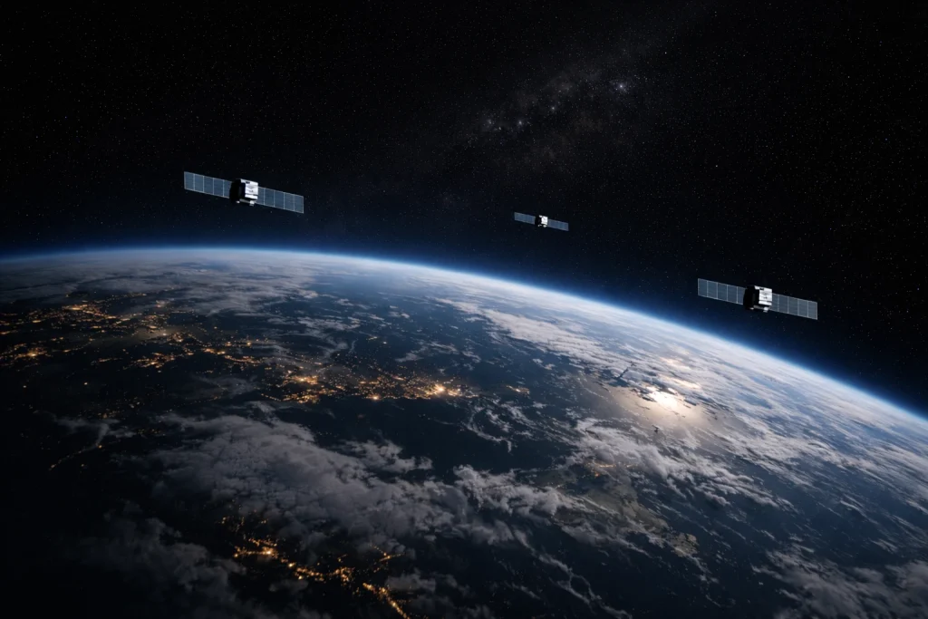 Low Earth orbit satellite constellation over Earth representing Rocket Lab space systems and government satellite missions