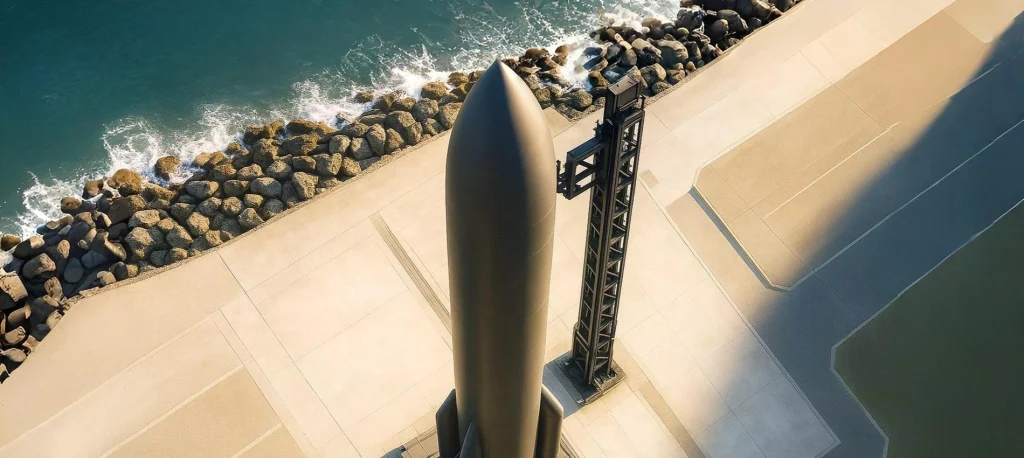 Aerial view of a rocket on a coastal launch pad at sunrise