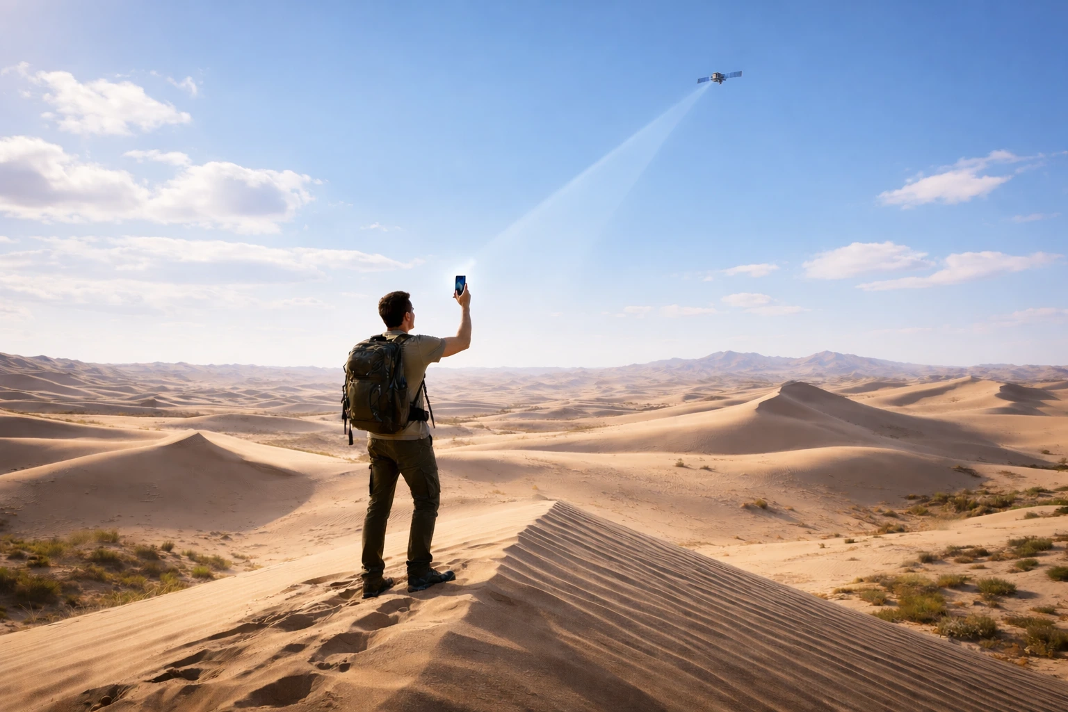 Hiker in desert holding smartphone connected to satellite, illustrating AST SpaceMobile satellite network and connectivity challenges.