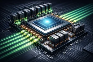 GPU power delivery feeding compute, illustrating the shift from power chip limits to internal data movement constraints in AI systems