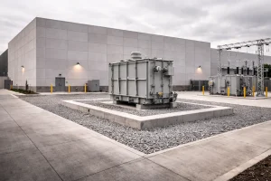 Data center power infrastructure with utility transformer highlighting deployment timeline constraint.