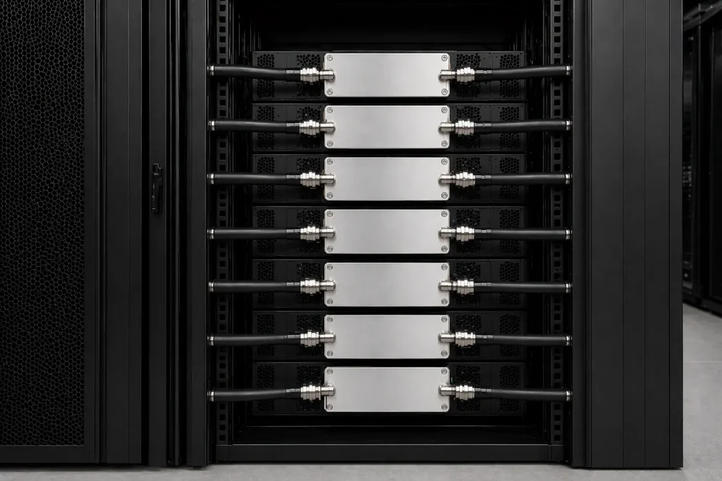 AI data center server rack with liquid cooling plates and connected coolant lines.