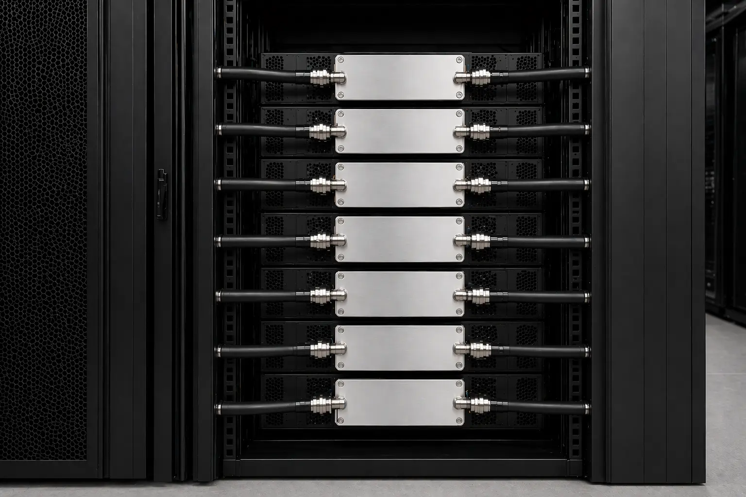 AI data center server rack with liquid cooling plates and connected coolant lines.