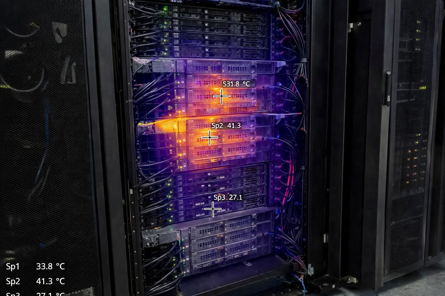 Data center GPU rack showing localized thermal friction hotspots from power and data flow